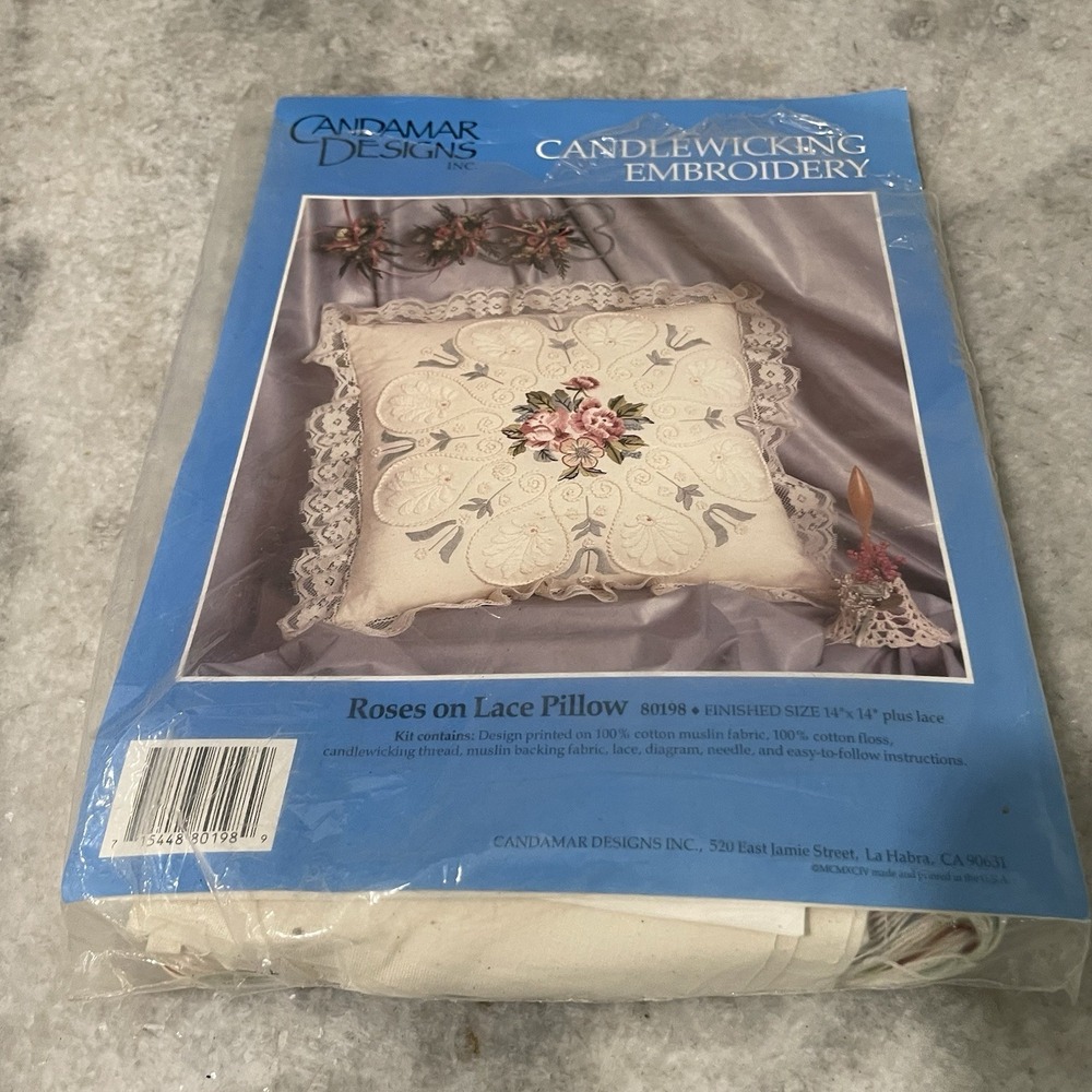 Vintage Candamar Designs Candlewicking Embroidery Roses And Lace Pillow Floral